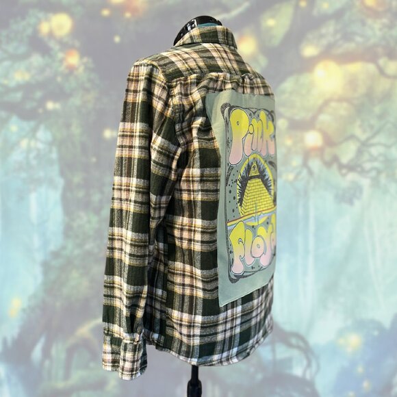 Upcycled Pink Floyd Flannel | Eddie Bauer Size M | Glitter Graphic Patch - Picture 2 of 5